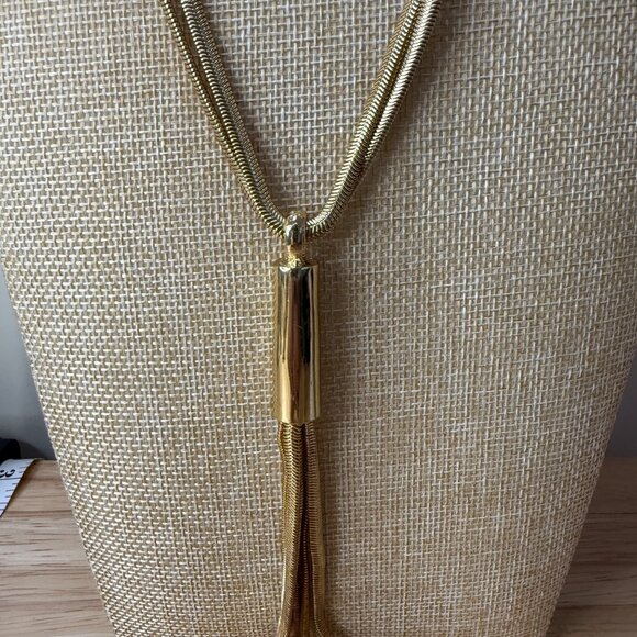 Long Gold-Tone Tassel Necklace With Cylinder Pendant & Dangling Charms By Chicos - Picture 4 of 11
